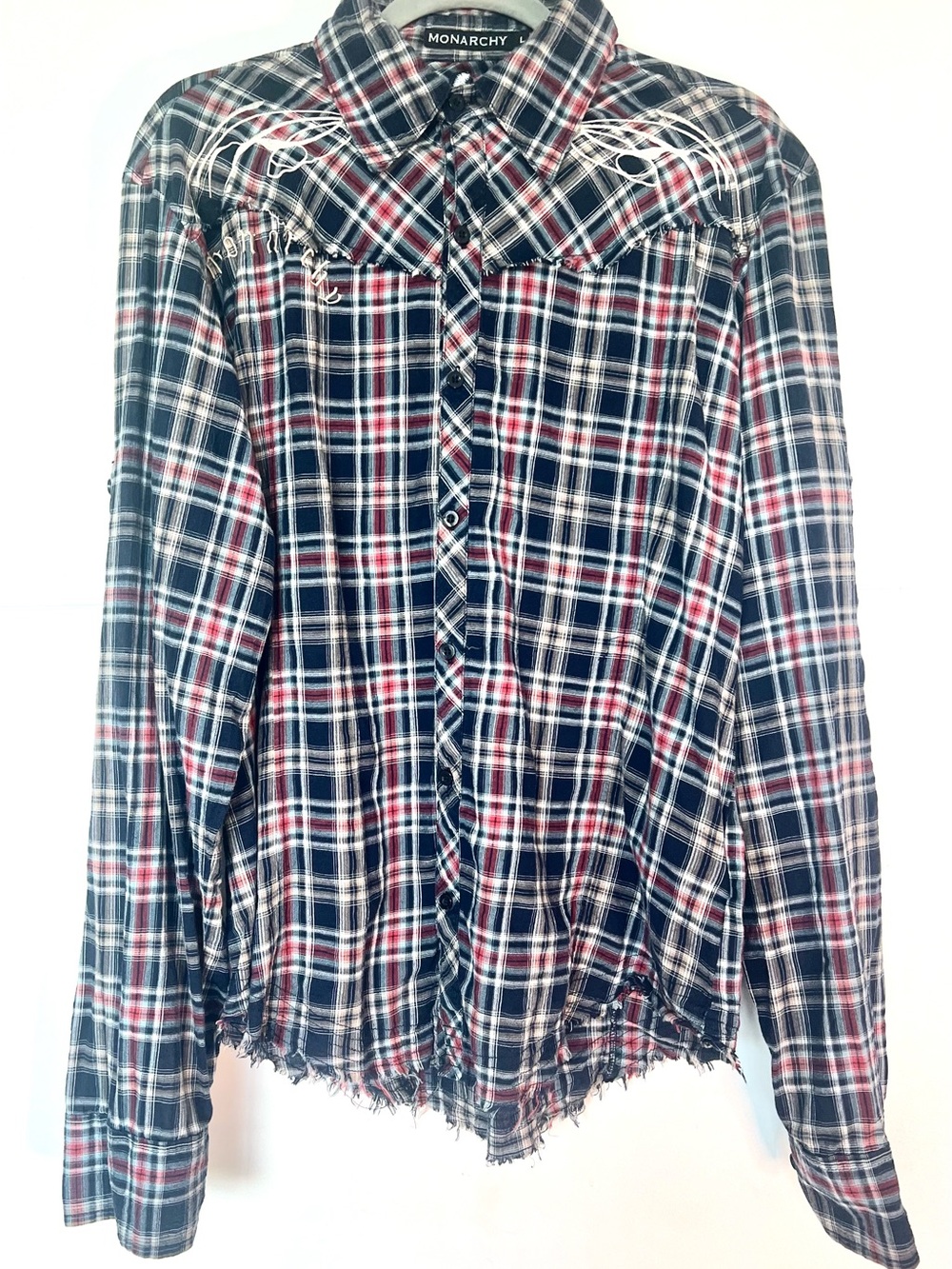 Monarchy Men’s L Distressed Plaid Embroidered Western Y2K Shirt